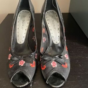 BCBG Girls Mesh Black Open Toe Heels with embroidered flowers